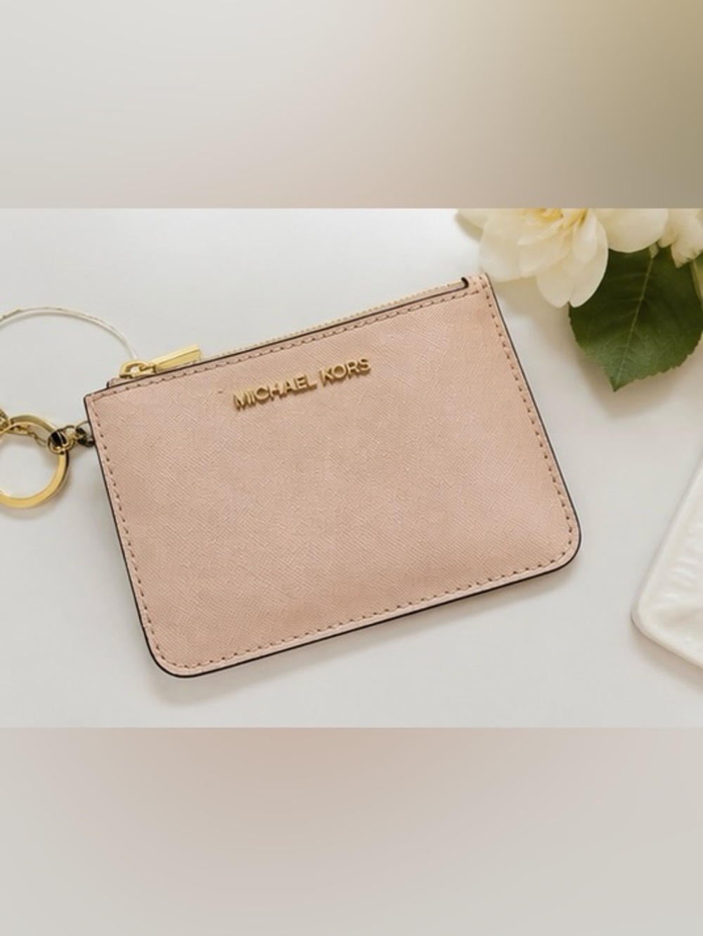 NWT Michael Kors Jet Set Travel Powder Blush Leather Card Holder Wallet Keychain - Picture 5 of 5